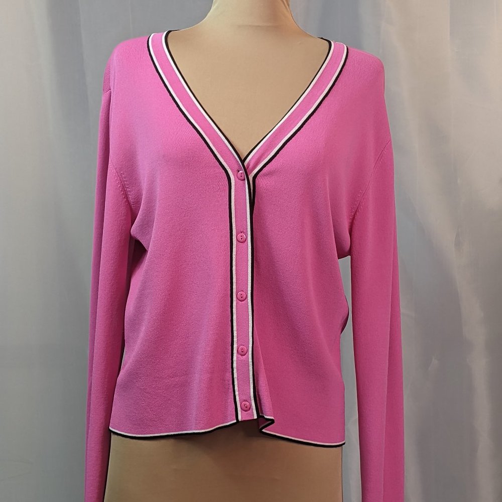 All Points Vintage Knit Button Up V Neck Long Sleeve Jacket Hot Pink Large